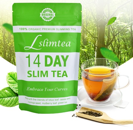 Slimtea 14 Day Slim Tea pouch beside a cup of brewed tea