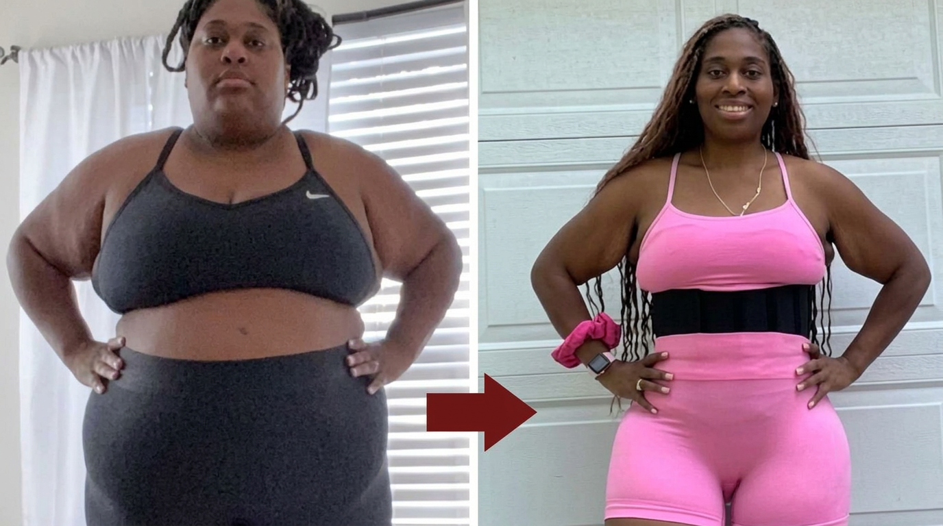 Before and after photos showing a customer's transformation